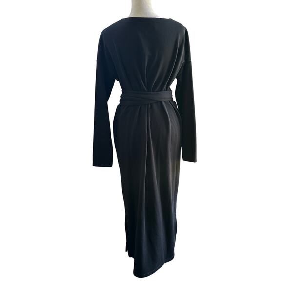 Modern Citizen Audrey Black Terry Midi Dress Small Tie Waist Long Sleeve Minimal - Picture 8 of 12